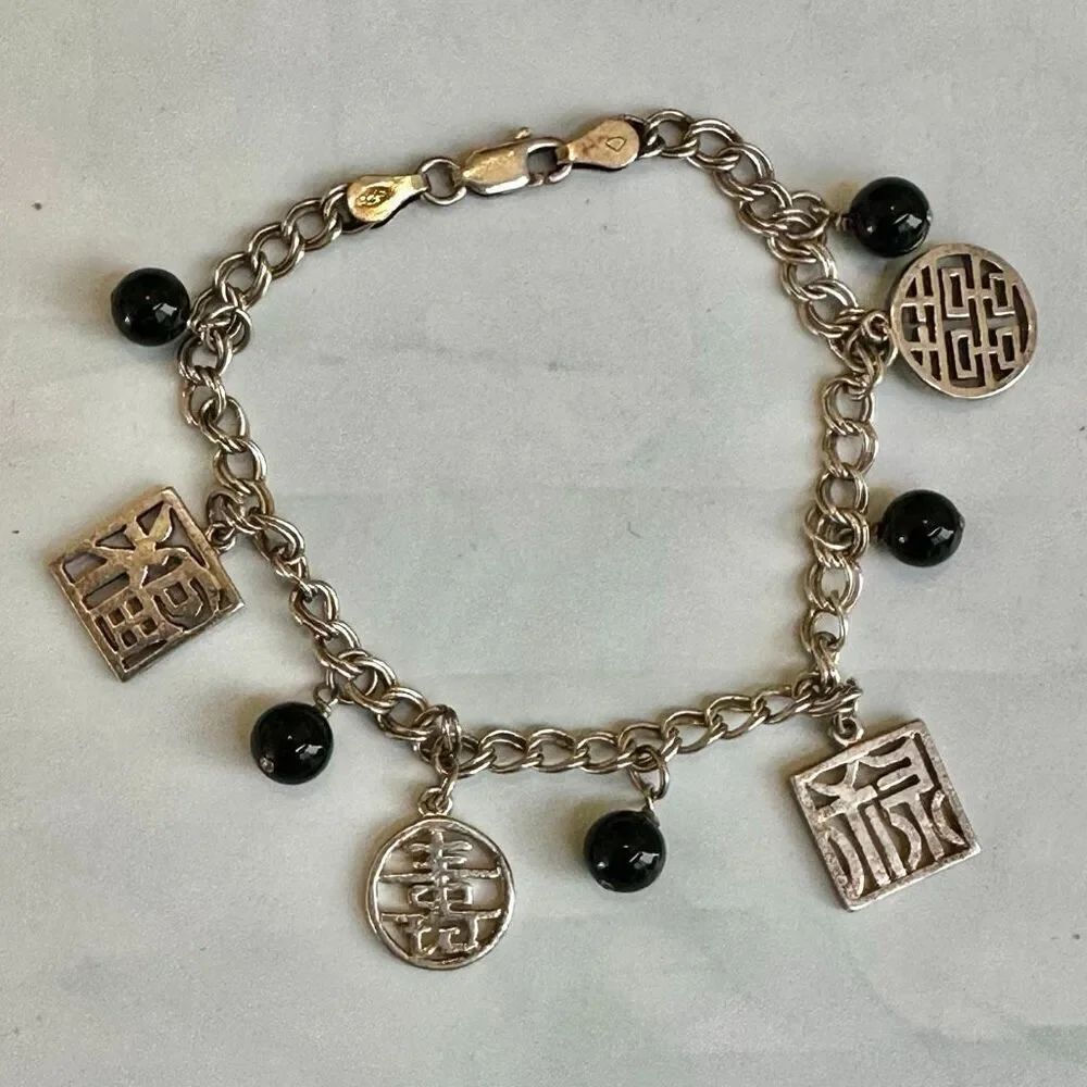 Vintage Italian Sterling Silver 925 Charm Bracelet – Chinese Symbols & Black Bea
